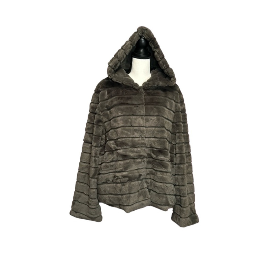 Ellen Degeneres EVI Vegan Faux Fur Sage Green Hooded Coat Size XL Snap Closure
